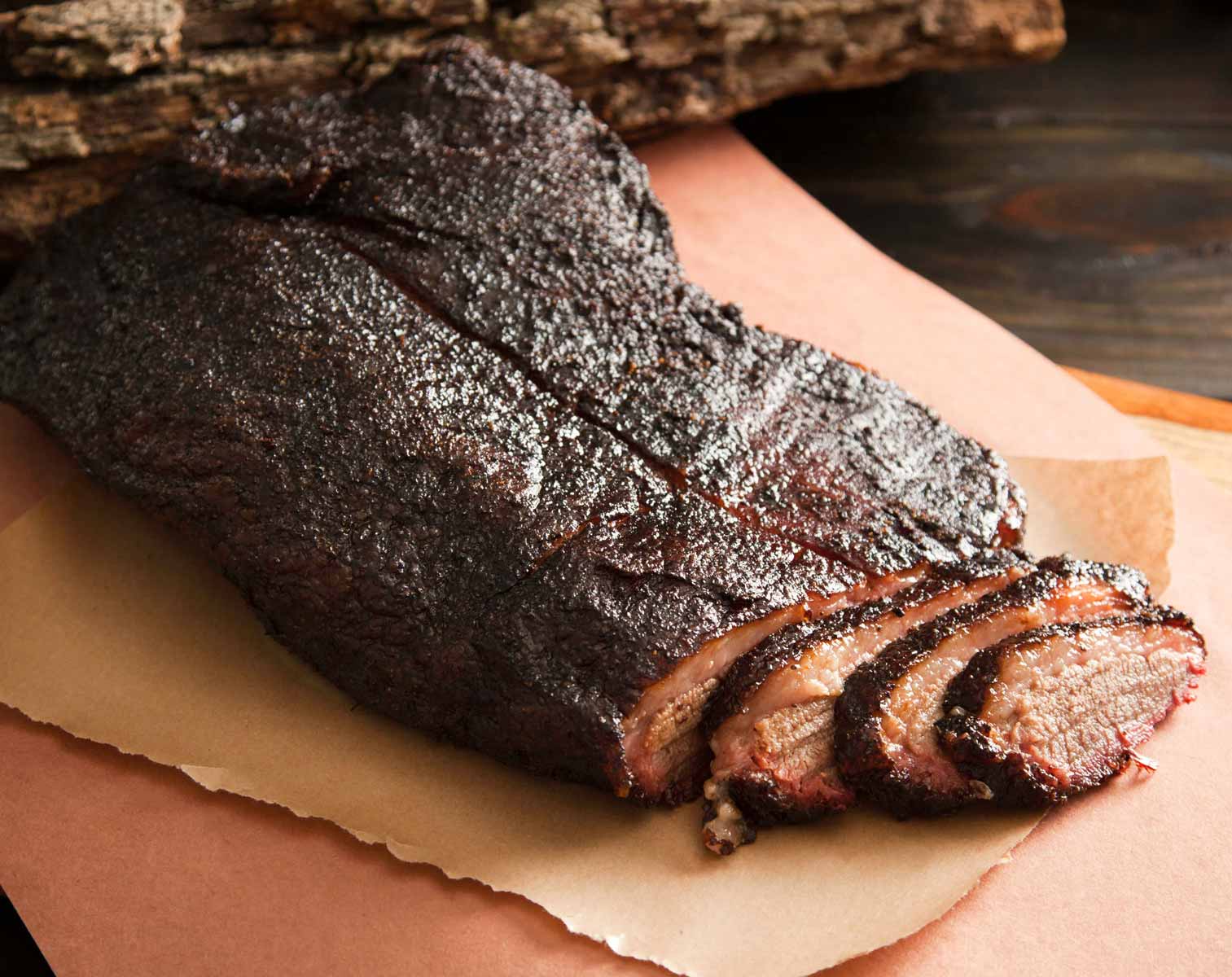 Whole, fully smoked, sliced Texas brisket from Southside Market & BBQ, the oldest BBQ joint in the state of Texas.