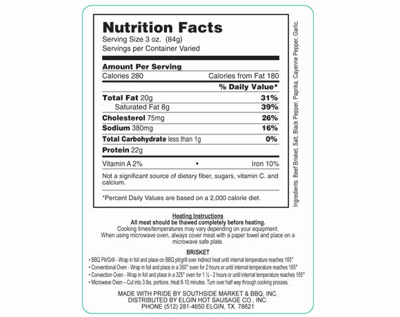 Smoked Brisket Nutrition Label
