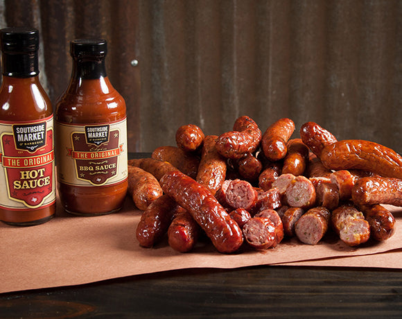 Smoked sausage sampler (sliced) from Southside Market & Barbeque in Elgin, Texas.