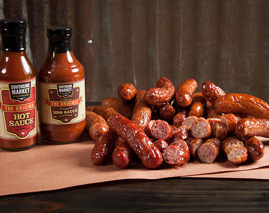 Smoked sausage sampler (sliced) from Southside Market & Barbeque in Elgin, Texas.